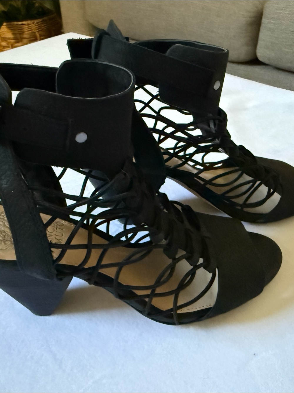 Vince Camuto VV-Evel Black Lace-Up Cage Block Heel Sandals - Picture 3 of 5